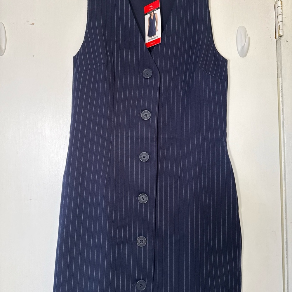 Steve Madden Navy Pinstripe Button-Front Mini vest dress with pockets